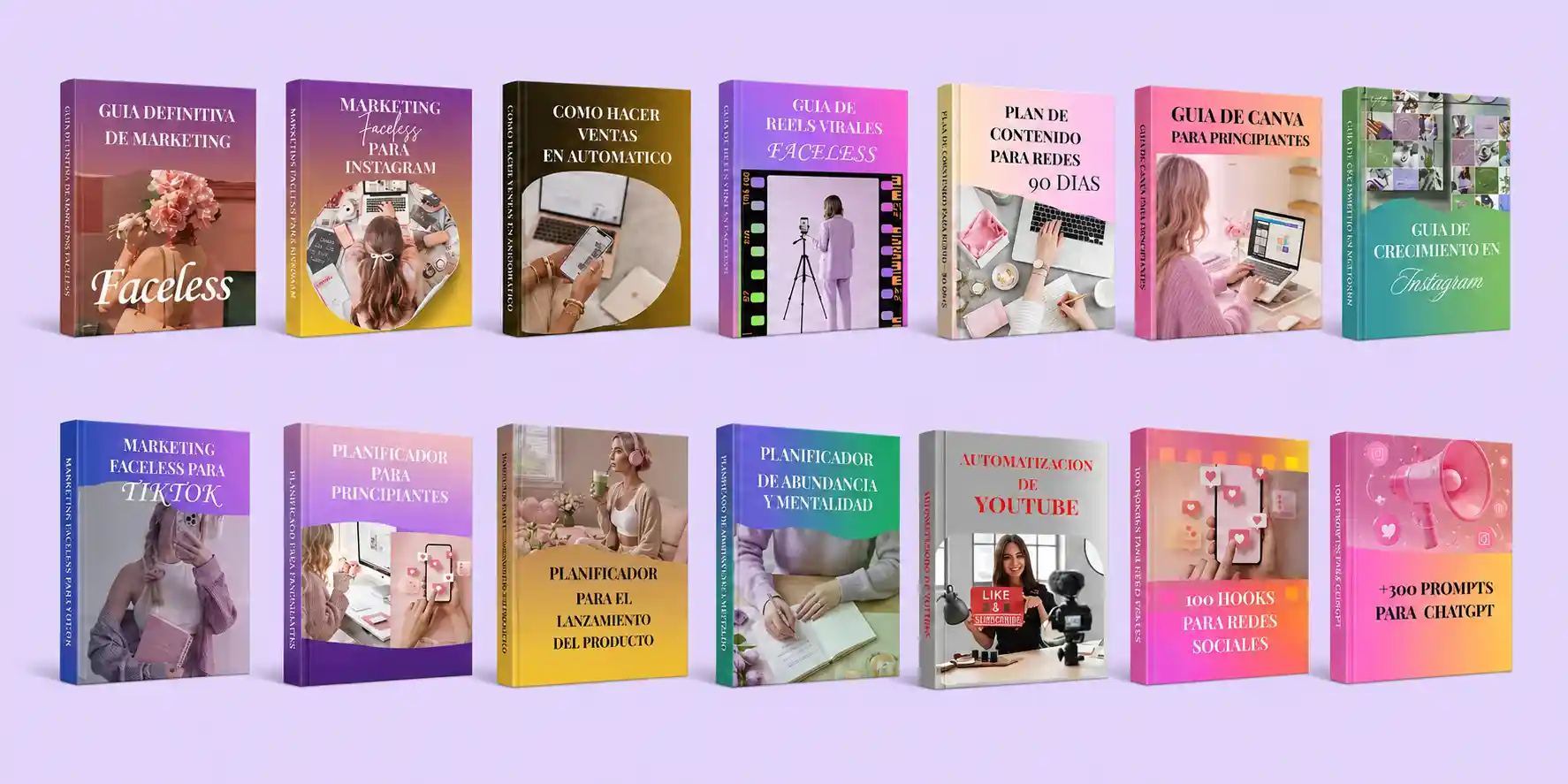 Las 14 portadas de las guías del pack en formato 3D